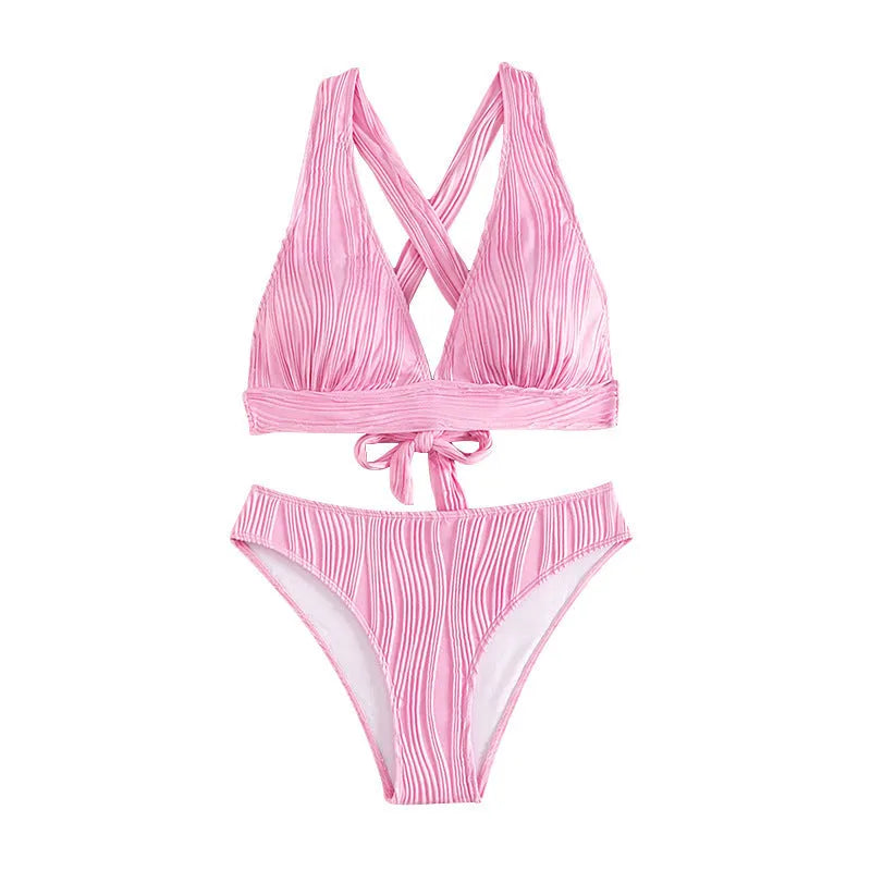 Women's pink and black halter neck bikini with split shorts design