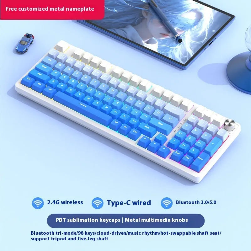 98 key wireless Bluetooth mechanical keyboard kit with metal knob and multiple colour options