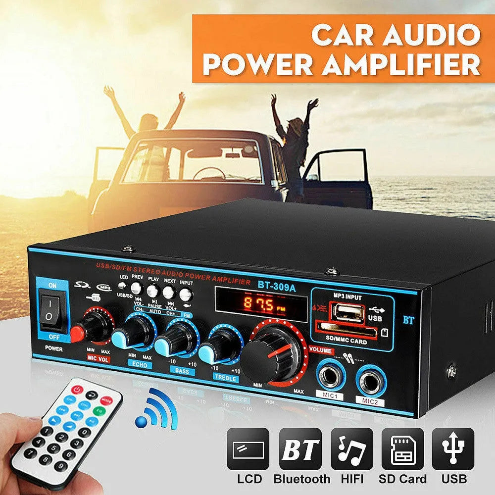 BT-309A-A black dual-power amplifier with Bluetooth and FM for home car audio