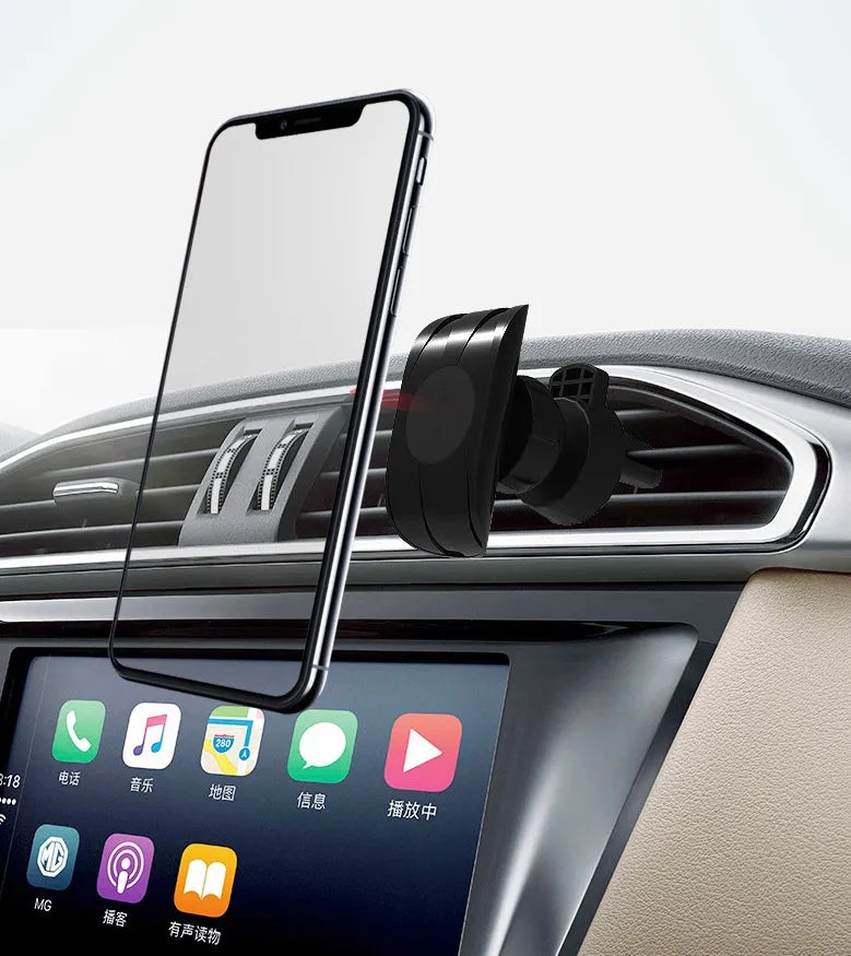 Glossy black car phone holder mounted on car air vent for smartphone securement