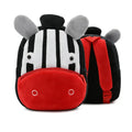 A soft plush children's backpack in an animal cartoon design, showing its zipper closure and compact size.