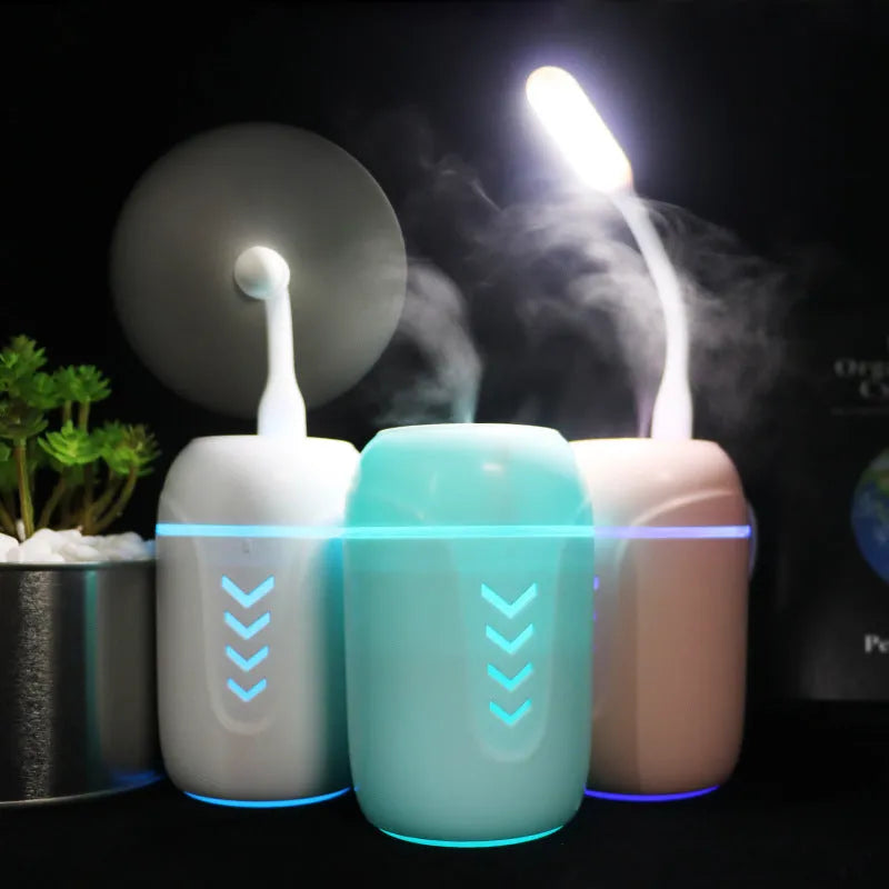 Portable columnar humidifier with 200ml capacity in blue, pink, or white colours showing USB and AC power options