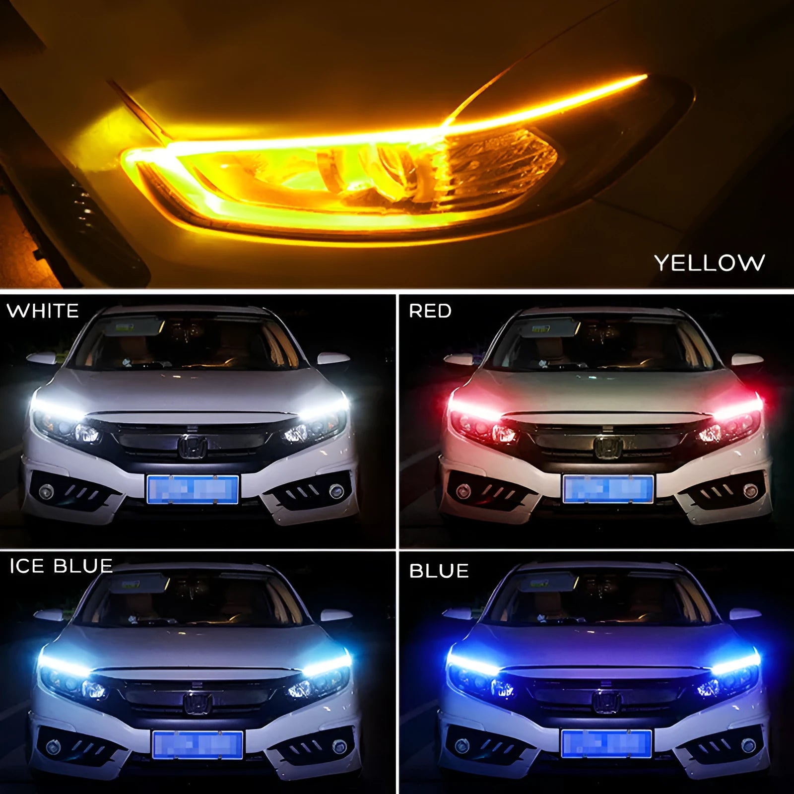 Car LED daytime running light strip with flowing turn signal indicators in silicone housing