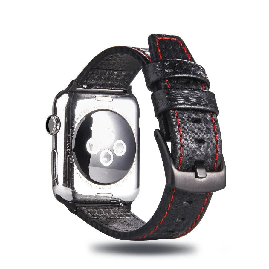 Leather Apple Watch band with carbon fibre pattern case in multiple colour options
