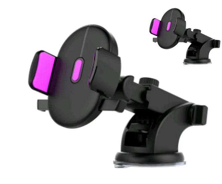 Yellow and black telescopic car phone holder with suction cup mounted on a dashboard