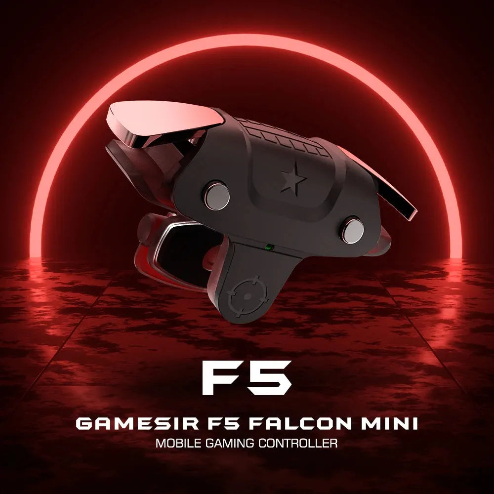 Black F5 mobile phone game controller showing compact handheld design.