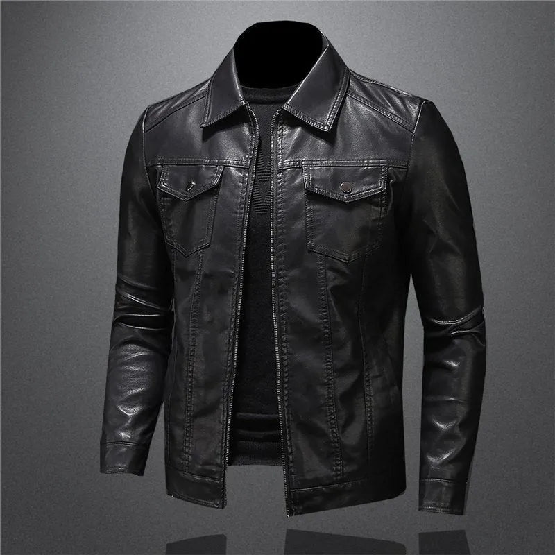 Men's black faux leather motorcycle jacket with loose fit and straight hem