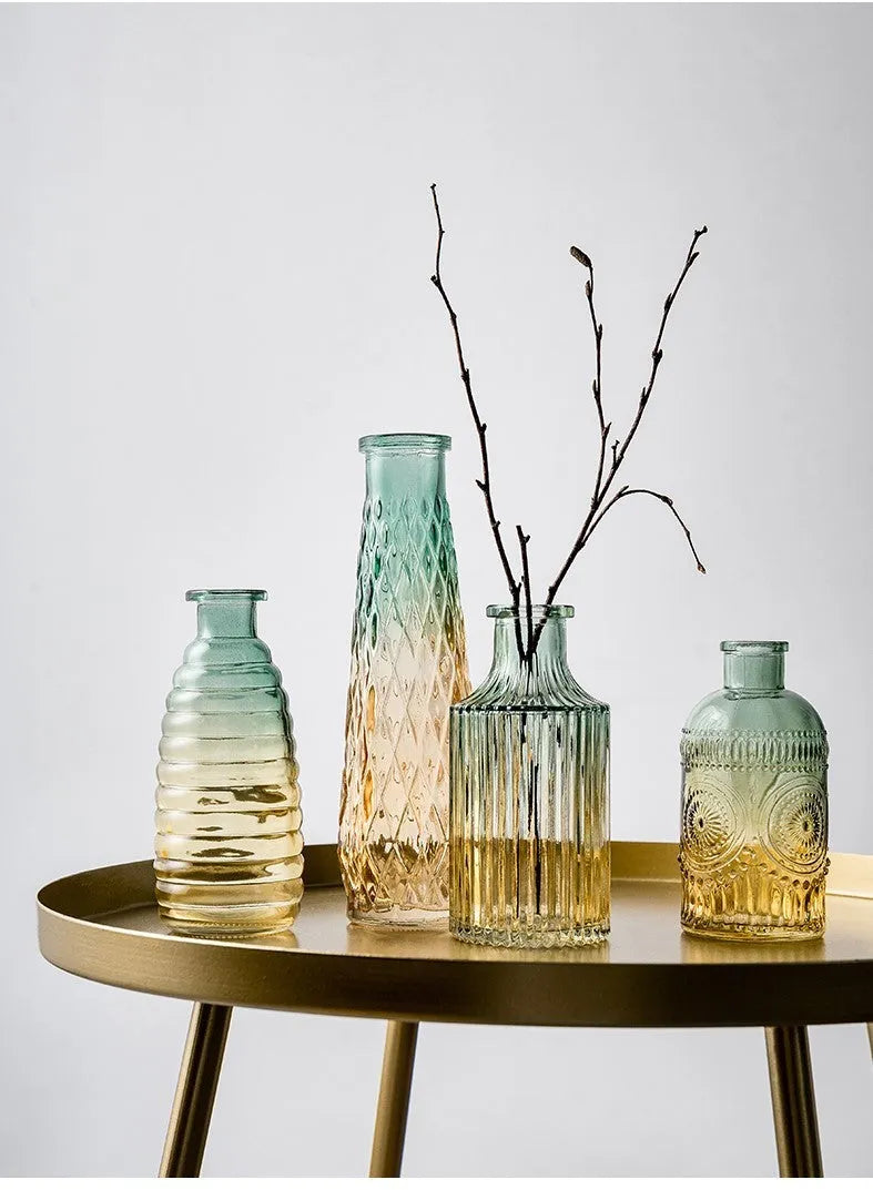 Electroplated colourful glass vase with thicker bottom, 7cm wide 22cm tall, on table