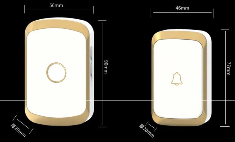 Wireless doorbell receiver and push button transmitter in black and white finishes.