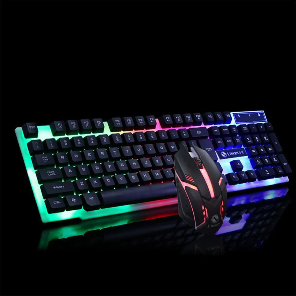 GTX300 black and white wired gaming keyboard and mouse set with backlight on desk