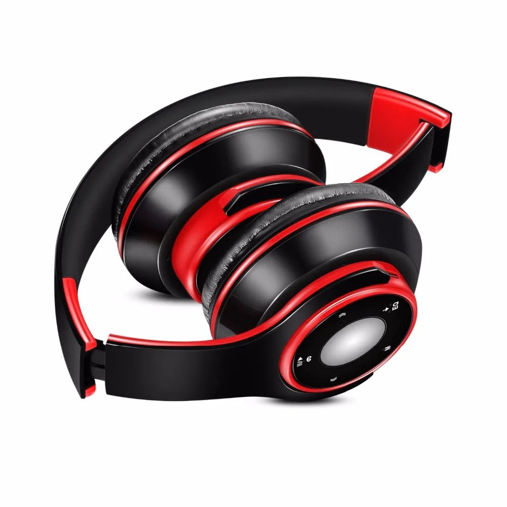 Foldable wireless Bluetooth headset in blue colour showing adjustable hinges and ear cushions