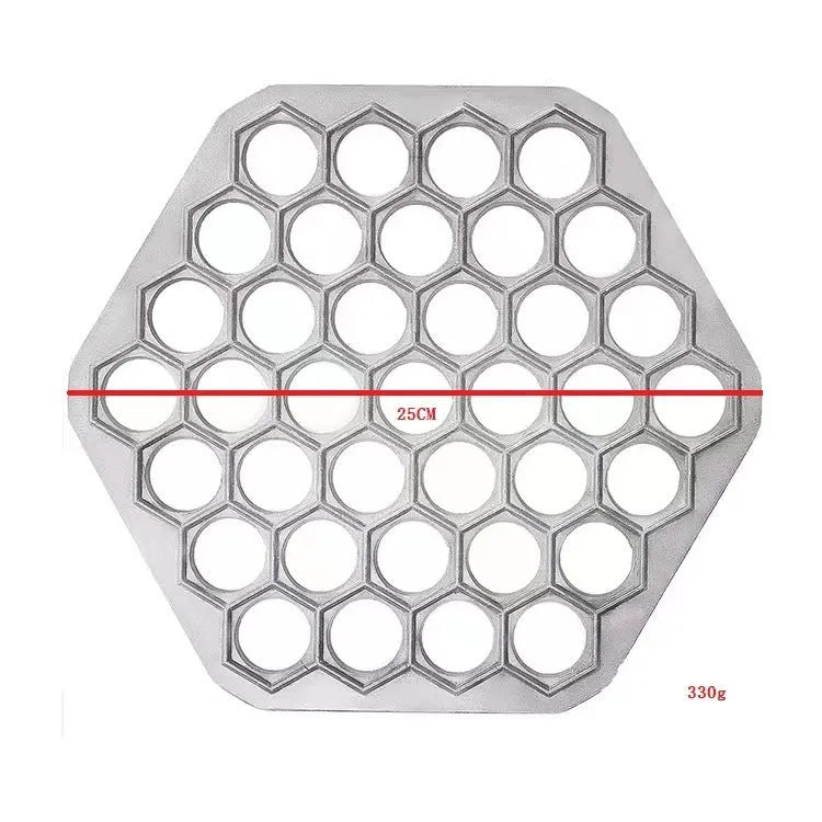 Aluminum alloy 37 hole dumpling mold for pressing multiple dumplings simultaneously on a kitchen counter