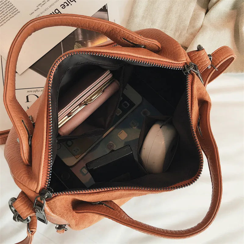 Women's large soft PU leather tote shoulder bag with zipper closure in neutral colour options