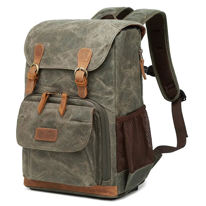 Canvas DSLR camera backpack in khaki colour showing multi-functional design for photography equipment