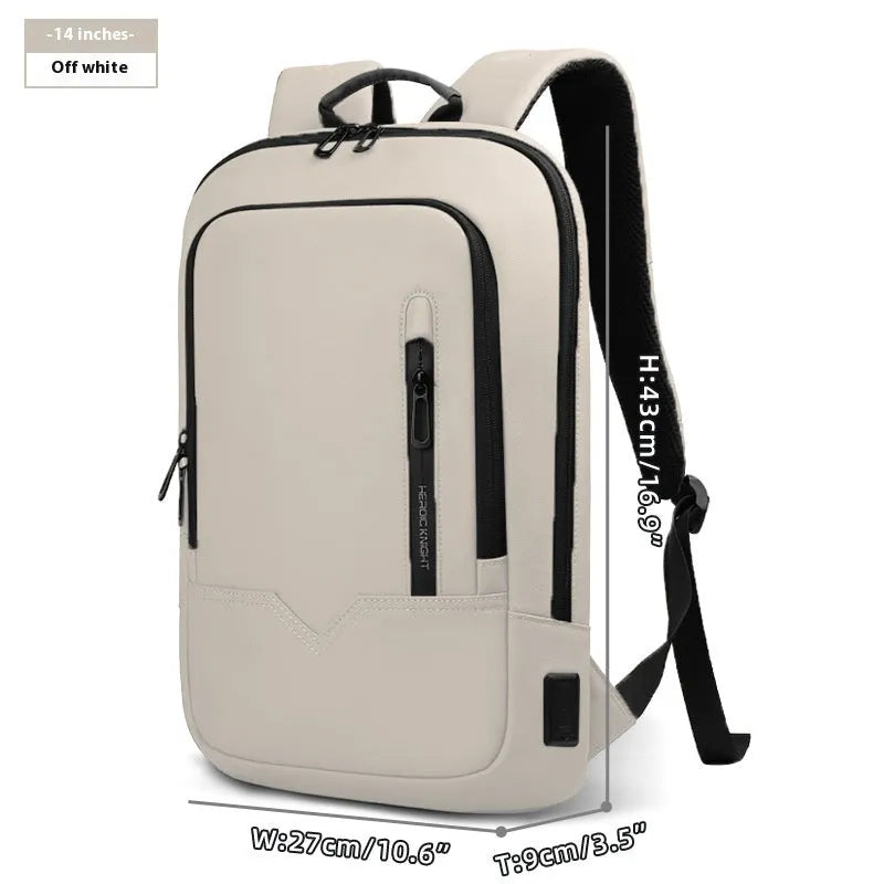 Lightweight black polyester laptop backpack with USB charging port shown next to a 14-inch laptop.