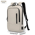 Lightweight black polyester laptop backpack with USB charging port shown next to a 14-inch laptop.