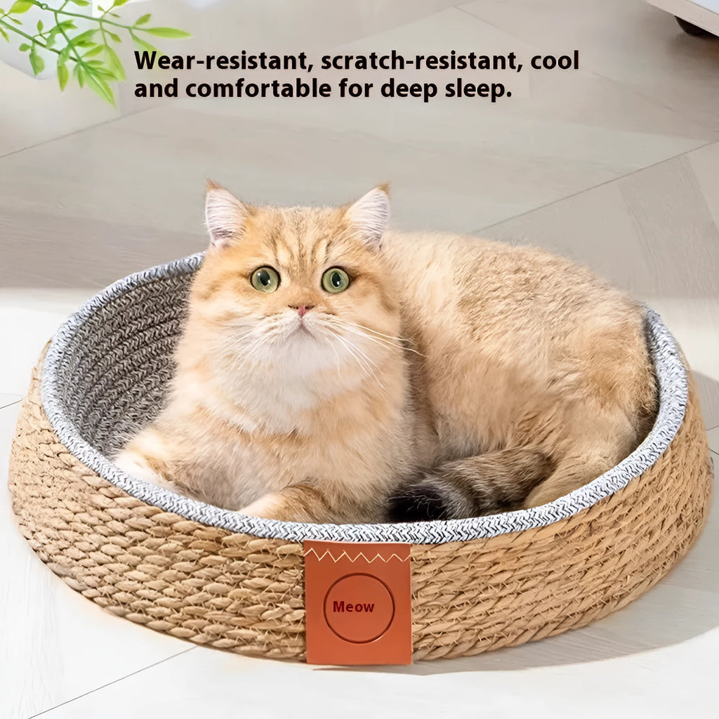 A woven rattan cat nest bed for pets, shown in one of four available sizes.