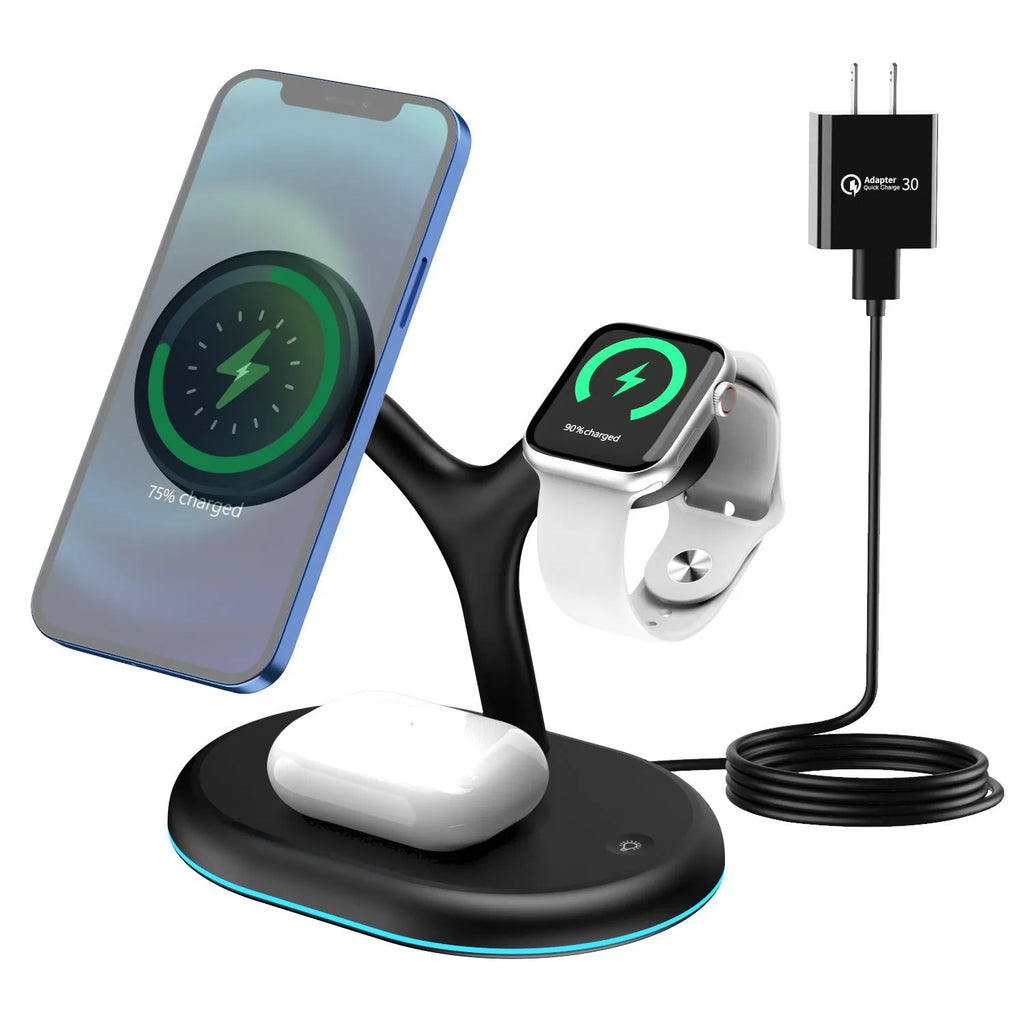 Black three-in-one magnetic wireless charger with a simplistic design on a table.