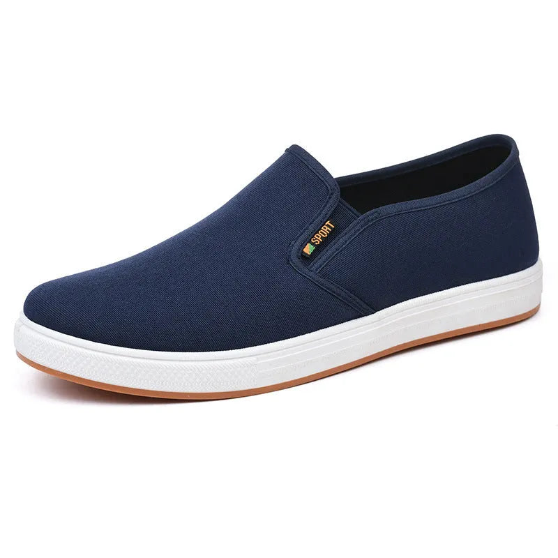Men's black and blue canvas slip-on shoes with round toe and composite sole