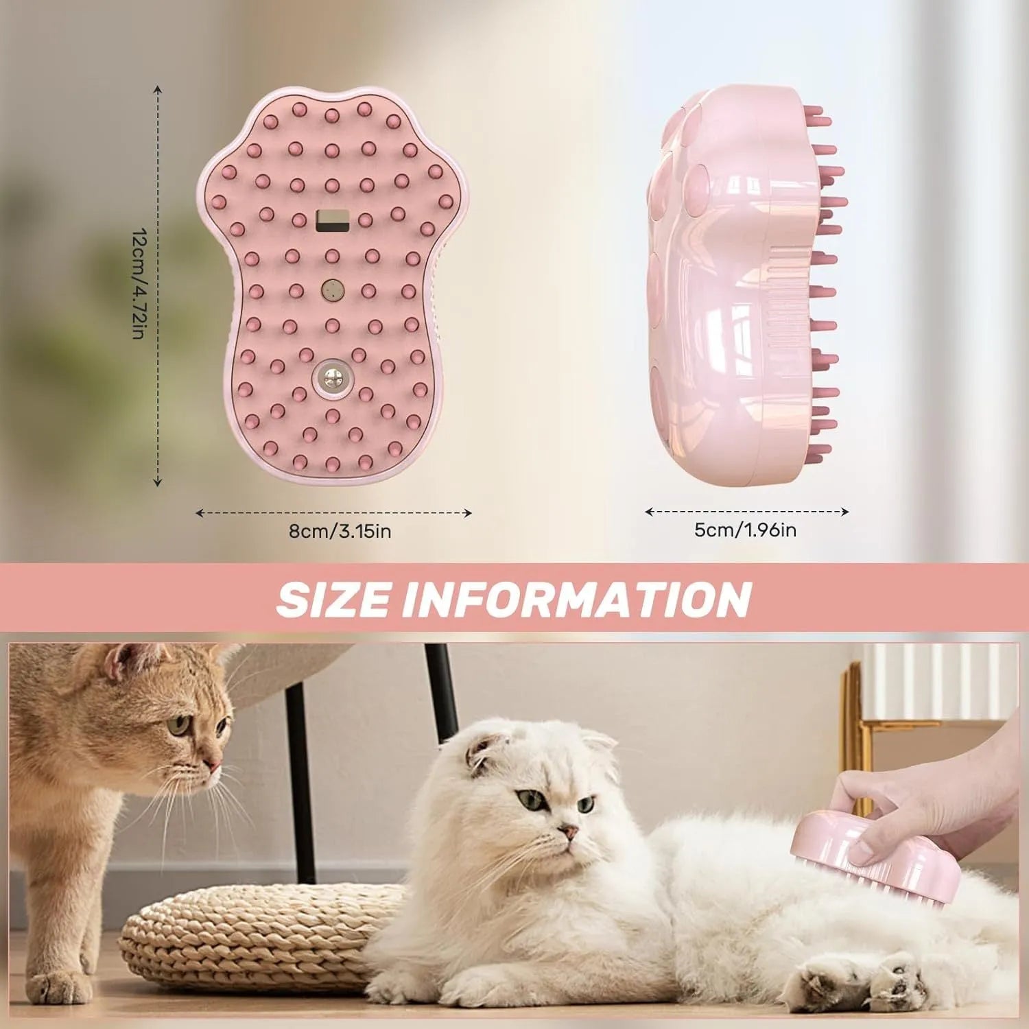 Self-cleaning cat steam brush with blue light, water spray tank, and silicone bristles
