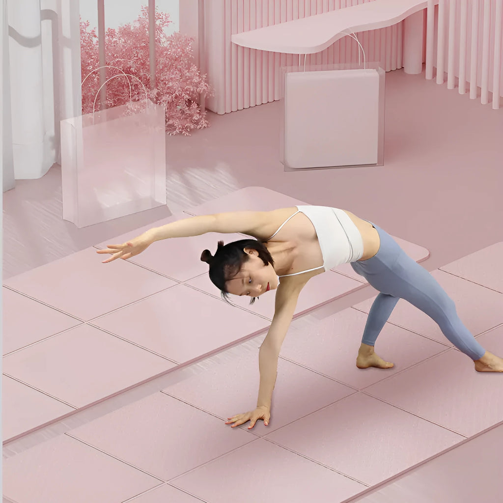 TPE folding gymnastic mat unfolded showing purple colour and non-slip textured surface