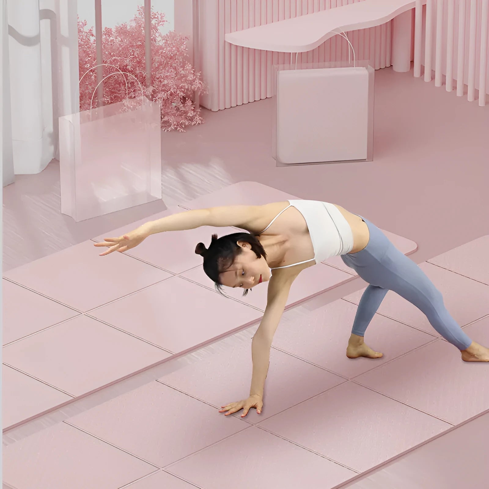 TPE folding gymnastic mat unfolded showing purple colour and non-slip textured surface