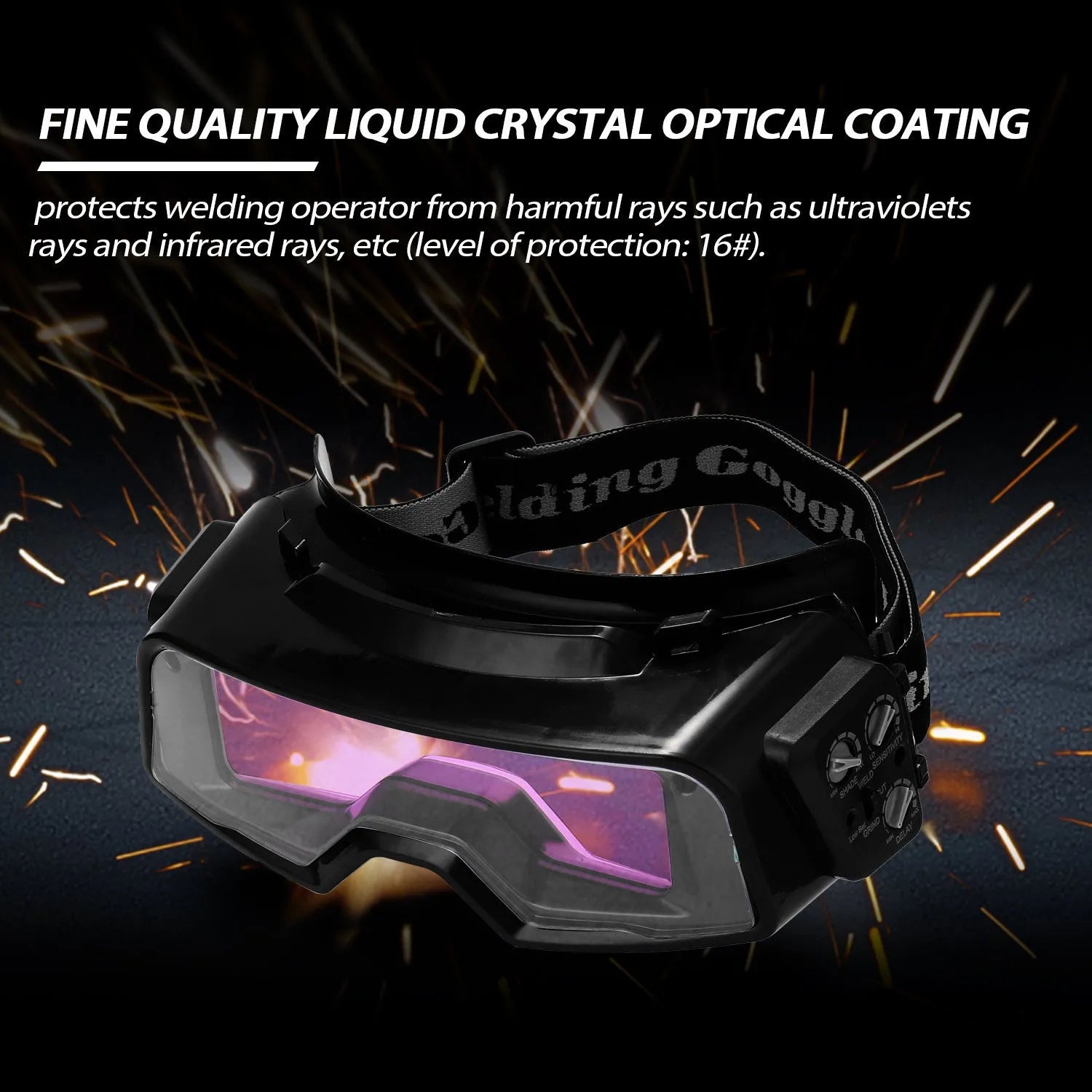 Black automatic darkening welding mask with protective headwear, showing the large rectangular viewing lens.