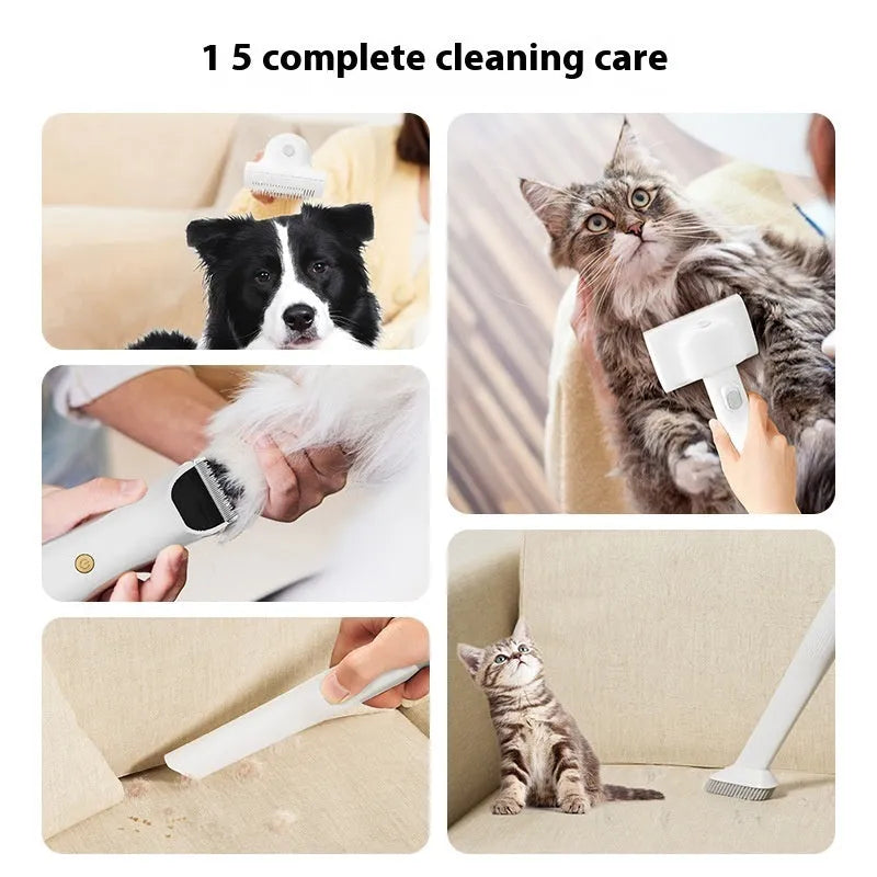 Pink and white multifunctional pet grooming vacuum cleaner with electric shear and attachments on a white background.