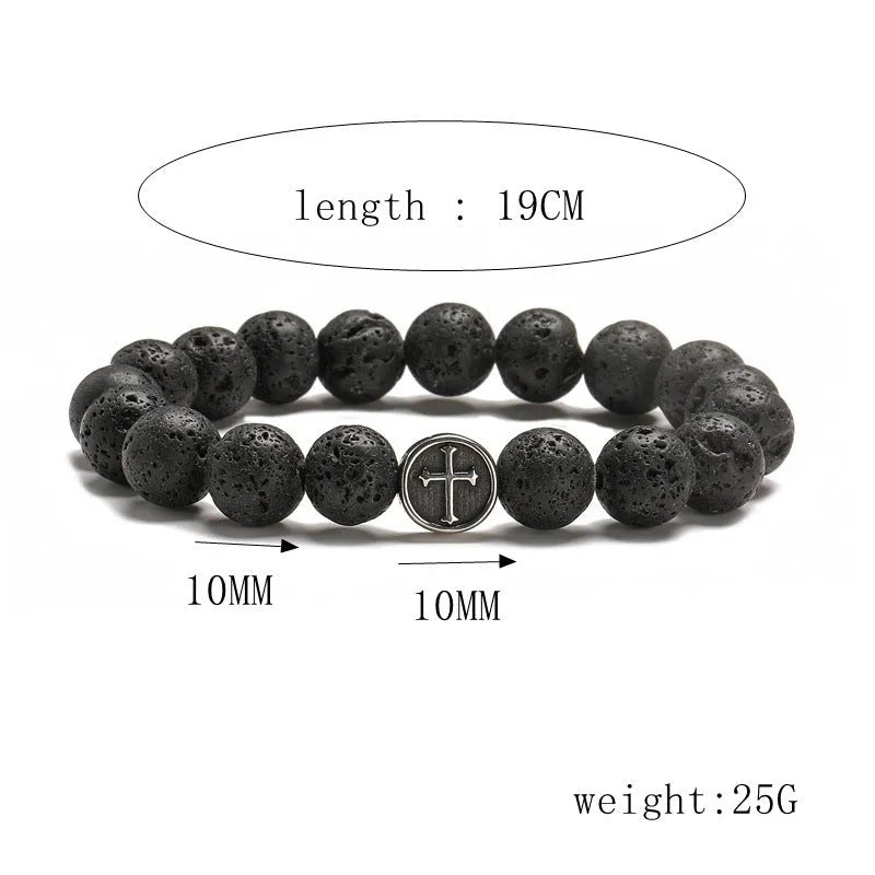 Geometric volcanic rock agate bracelet with stainless steel finish, 19mm diameter and 10mm bead size