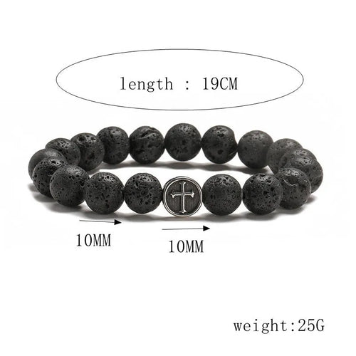 Geometric volcanic rock agate bracelet with stainless steel finish, 19mm diameter and 10mm bead size
