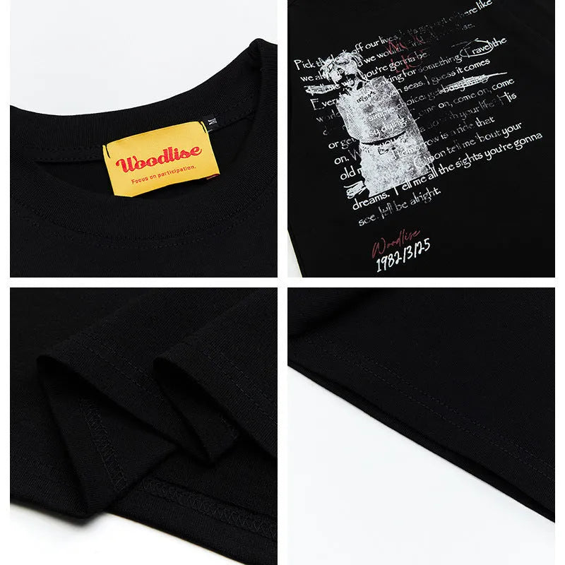 Men's black pure cotton t-shirt with white letter printing and raglan sleeves