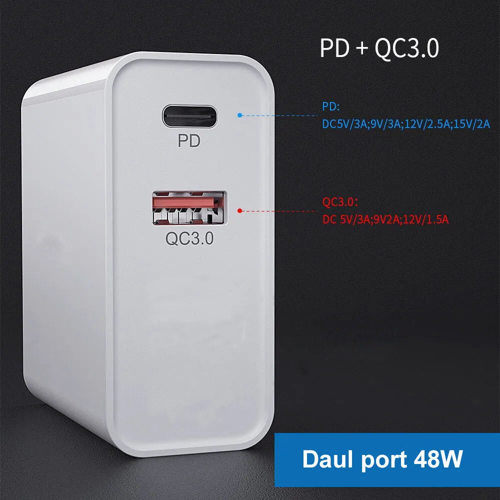 White multi-port fast charger with USB-C and USB-A ports plugged into a wall socket.