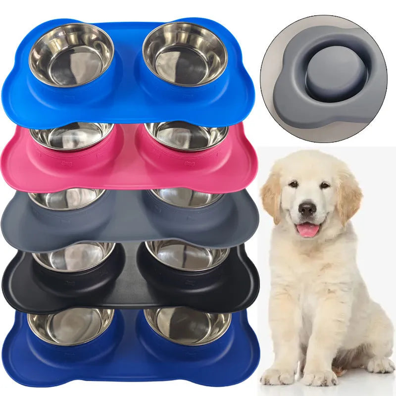 Large silicone dog bowl with stainless steel double-bowl insert in choice of five colours