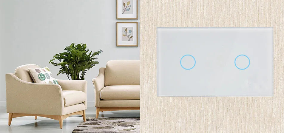 Modern 2-gang tempered glass touch light switch with white finish and blue LED indicator
