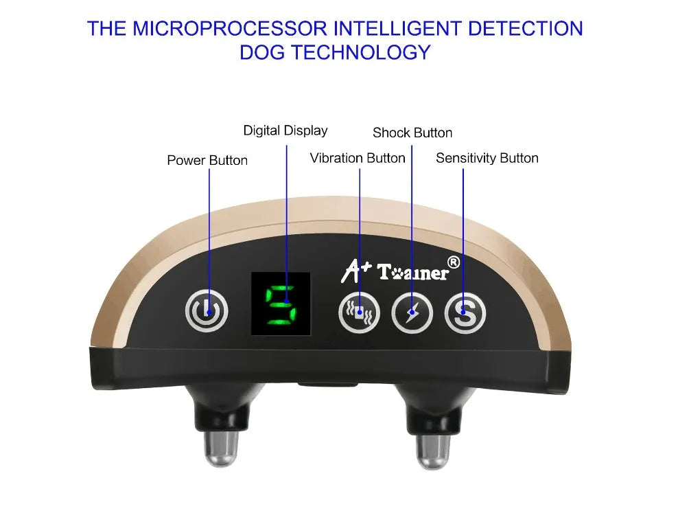 Adjustable digital dog training bark collar with display showing beep, vibration, and shock modes.
