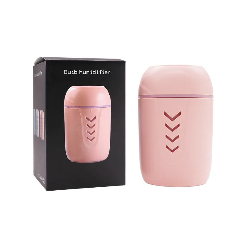 Portable columnar humidifier with 200ml capacity in blue, pink, or white colours showing USB and AC power options