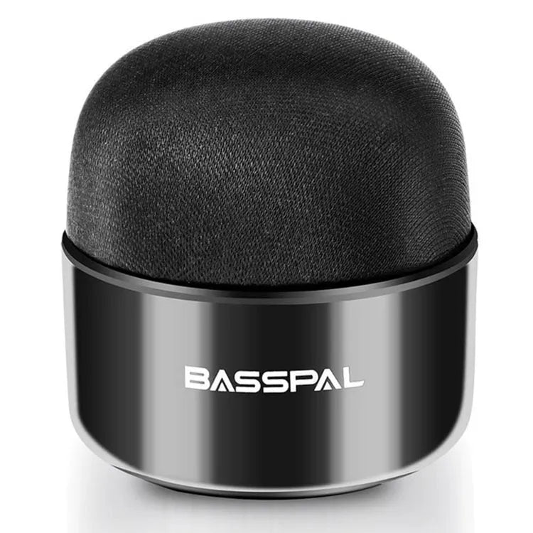 Black portable mini Bluetooth speaker with waterproof rating and button controls.