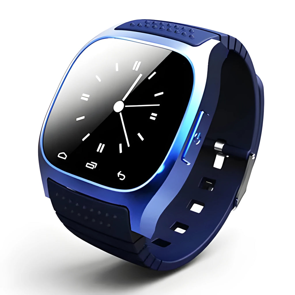 Smart Bluetooth sports watch compatible with iPhone and Android, in black, white, and blue colours.