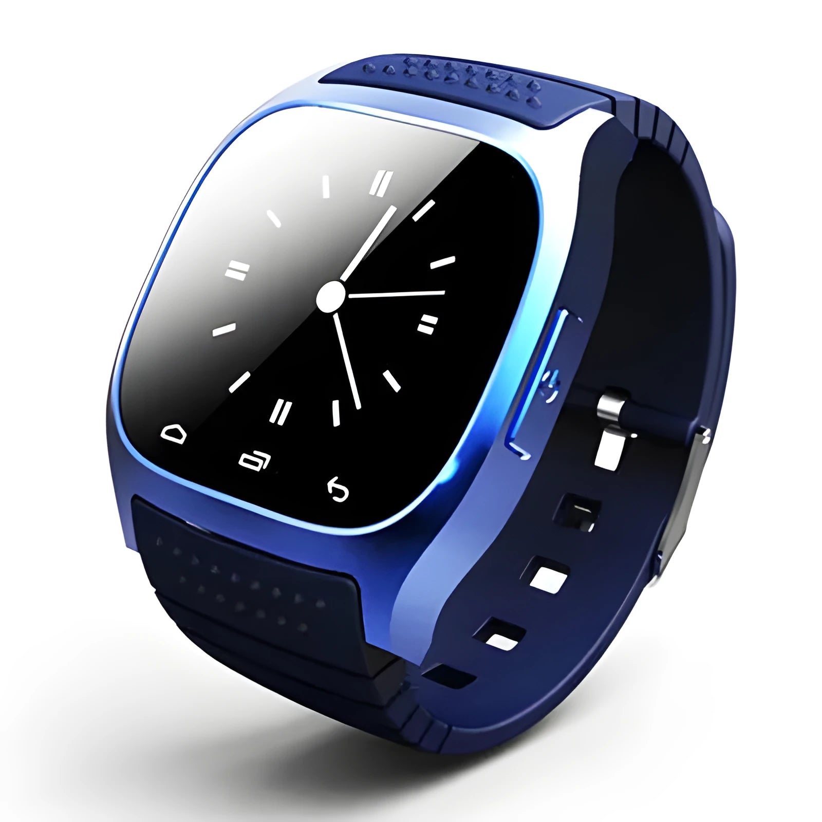 Smart Bluetooth sports watch compatible with iPhone and Android, in black, white, and blue colours.