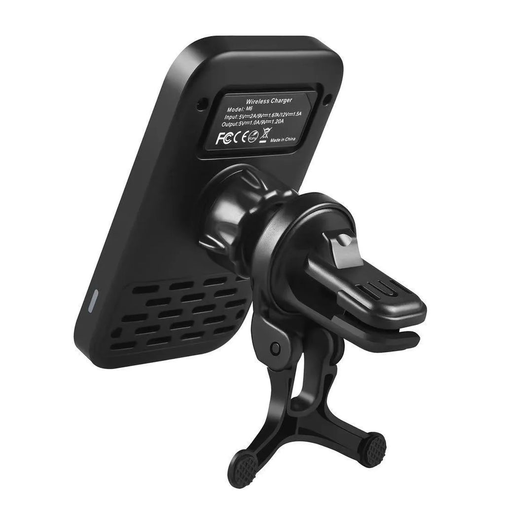 Black M6 magnetic wireless car charger bracket with phone mounted showing LED indicator