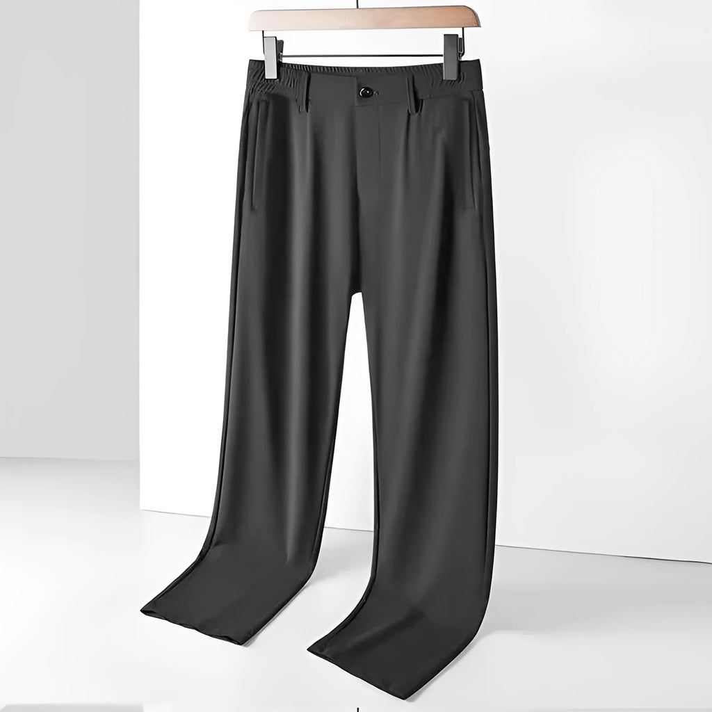 Men's loose fit straight leg Ice Silk trousers in black, dark blue, or light grey with an elasticated waistband.