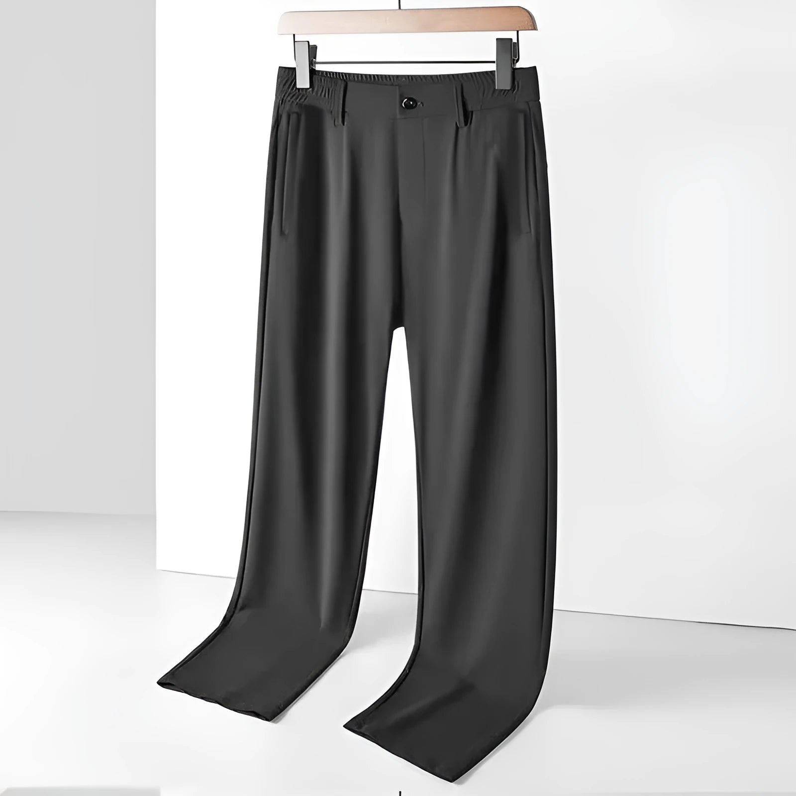 Men's loose fit straight leg Ice Silk trousers in black, dark blue, or light grey with an elasticated waistband.