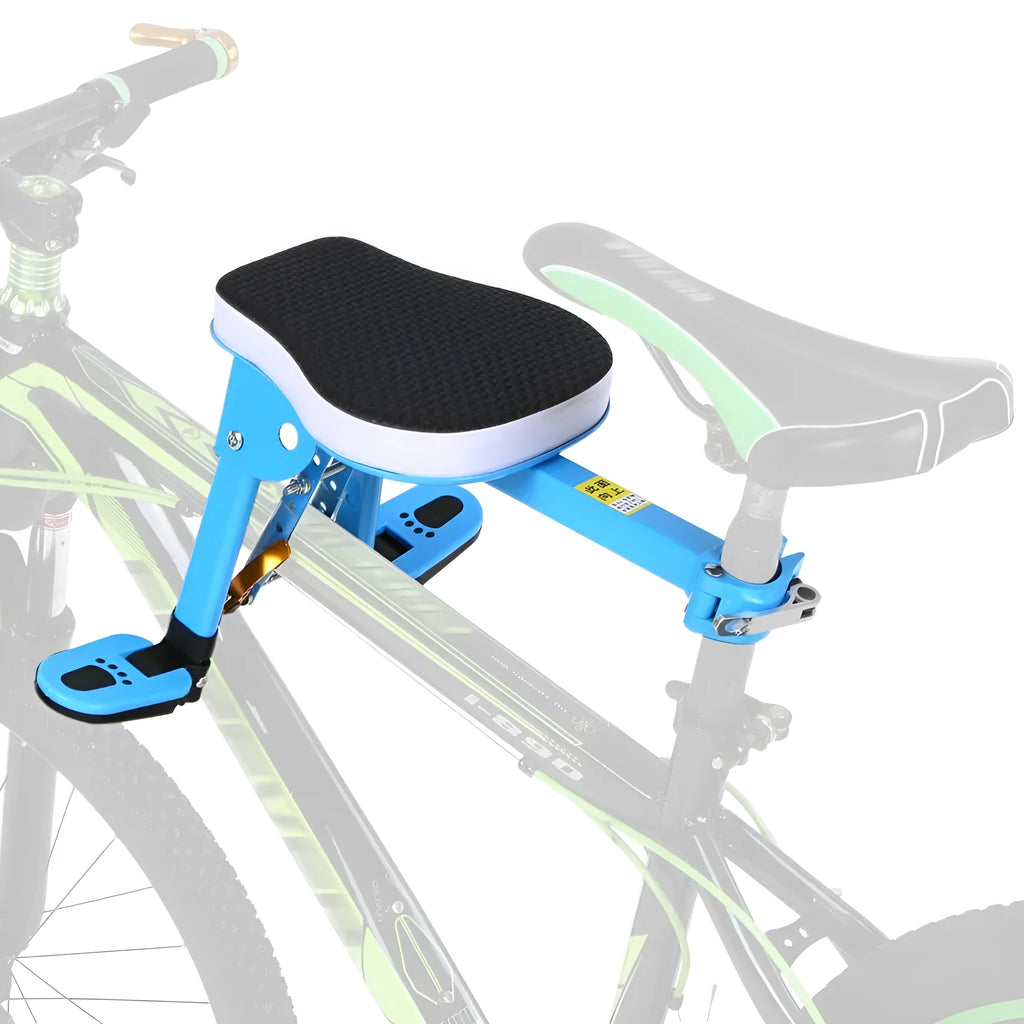 Front bicycle child seat with padded cushion and foldable pedal mounted on a bike