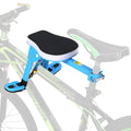 Front bicycle child seat with padded cushion and foldable pedal mounted on a bike