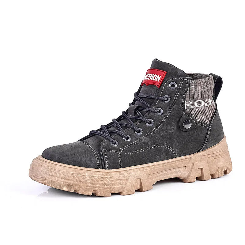 Men's high top Martin boots with square heel, round toe, and car suture detailing in black