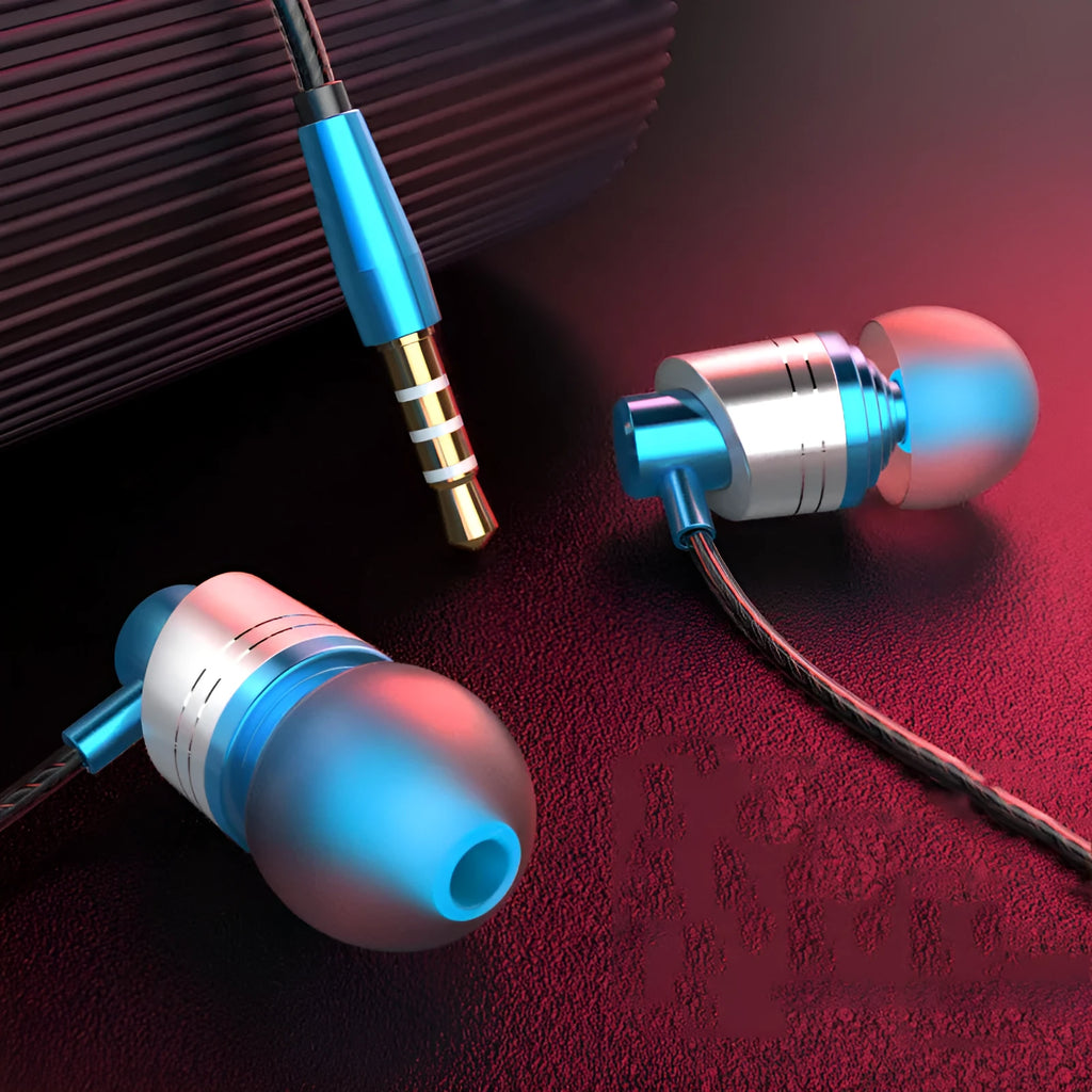 Black, blue, and red wired in-ear gaming headset with microphone and 3.5mm plug