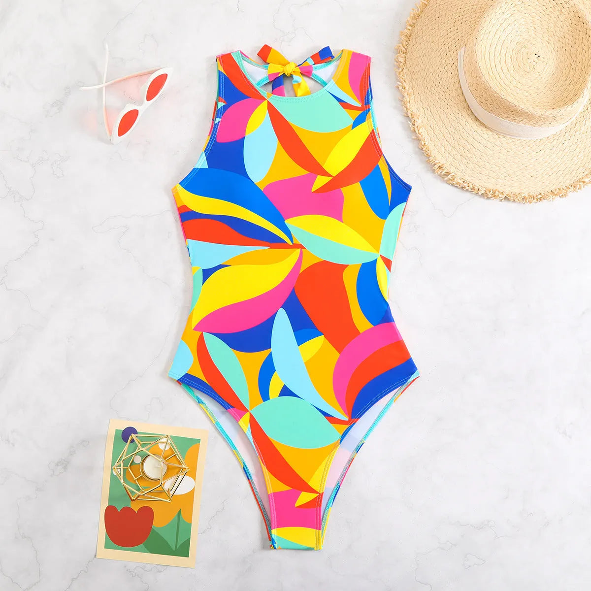 Women's printed multi-colour one-piece swimsuit in tight European style pattern