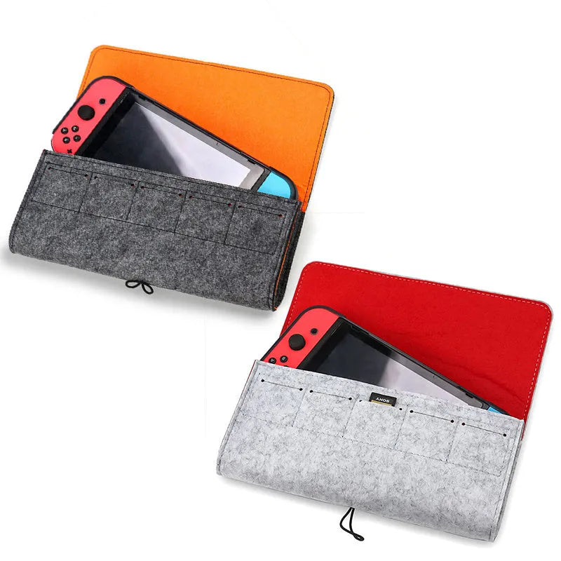 Black Nintendo Switch felt pouch bag showing game card slots and double layer storage compartments