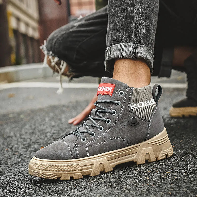 Men's high top Martin boots with square heel, round toe, and car suture detailing in black