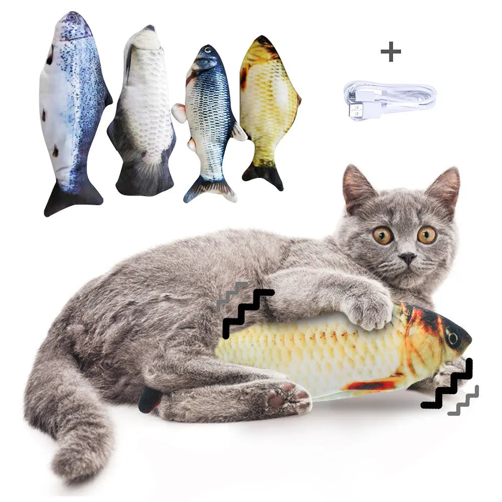 USB-rechargeable electric jumping fish cat toy in multicolour, measuring 30cm.